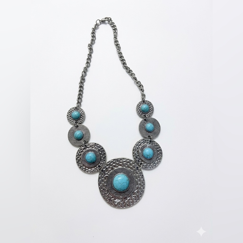 Faux Turquoise Boho Coastal Cowgirl Circle Tiered Necklace Festival Western